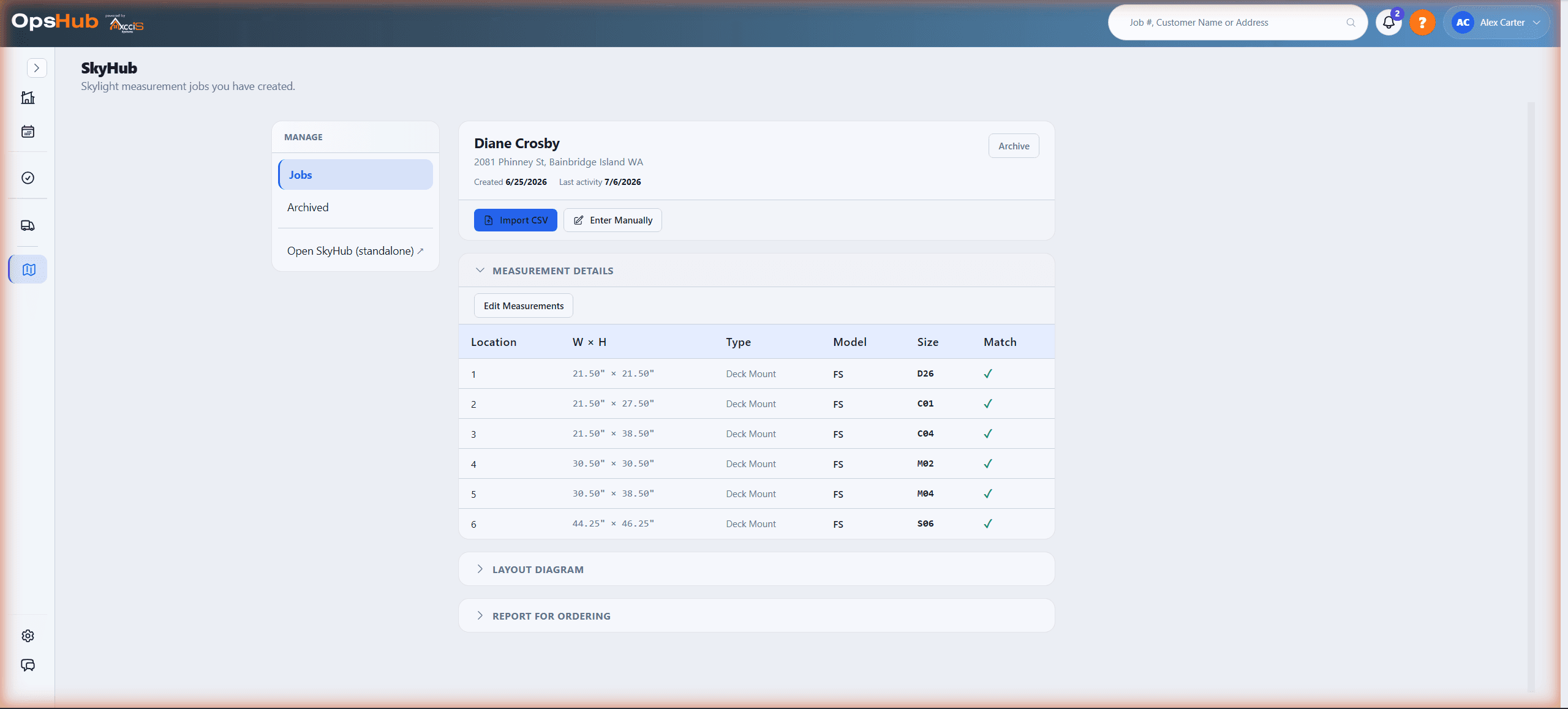 SkyHub measurement details — every field measurement matched to a catalog unit