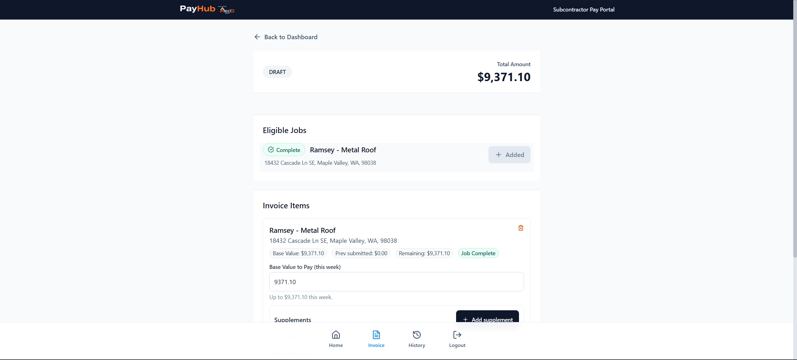 PayHub subcontractor invoice submission — required fields enforced at entry
